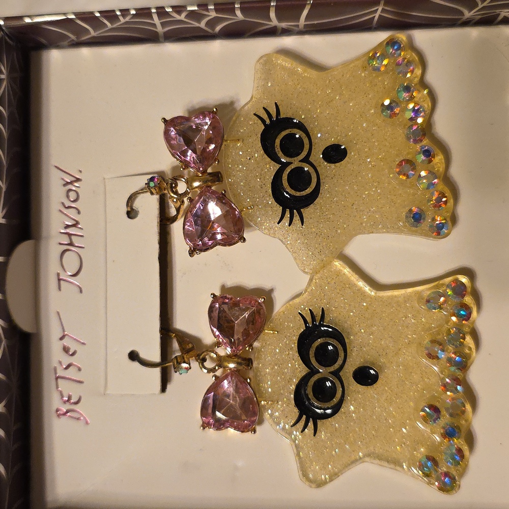 Betsey Johnson Glitter Ghost Earrings with Pink Bows